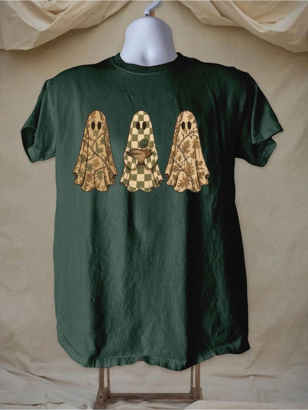 Gildan Forest Green Short Sleeve Tee with Beige Ghost Trio Duck Graphic